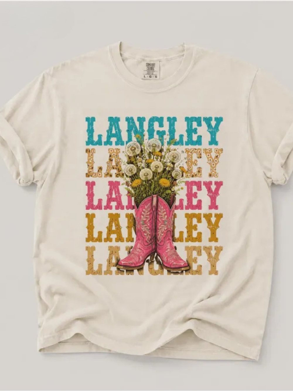 Gildan Ivory Tee with Pink Boots & Turquoise Langley Print